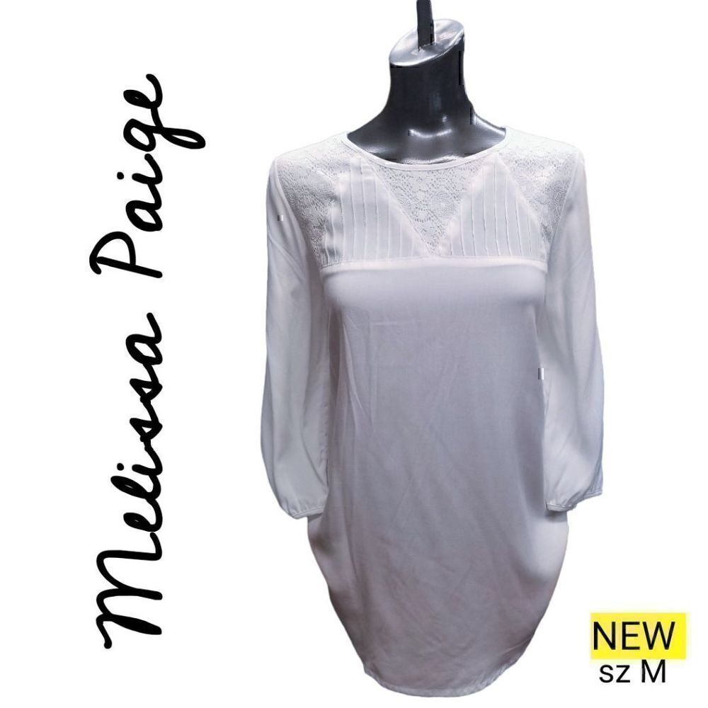 Blouse NEW! White 3/4 Sleeve Geometric Lace Detail Top